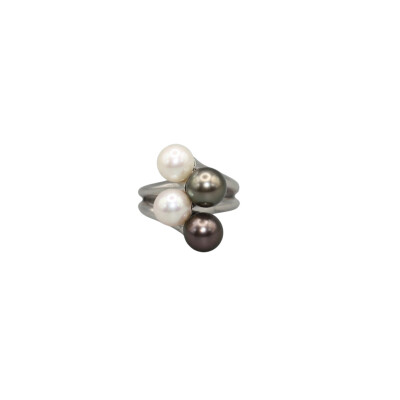 Bague en argent 925 & 2 Perles d'eau douce et 2 Perles de Tahiti