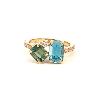 Bague Trilogie Saphir vert, Zircon et diamant