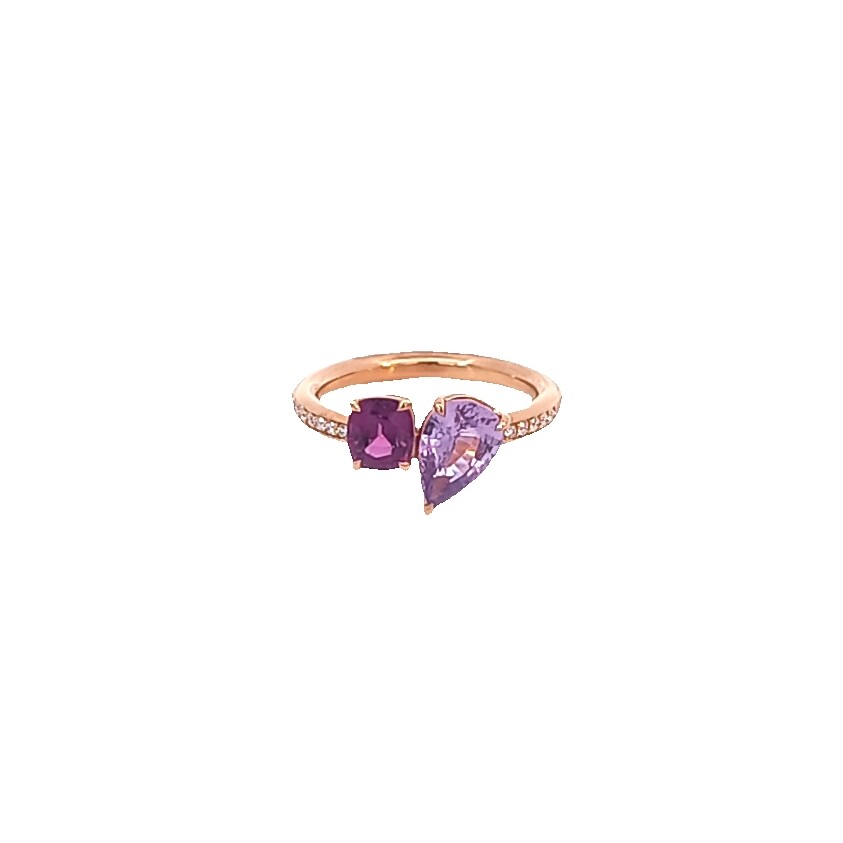 Bague or rose saphir violet, grenat purple et diamants