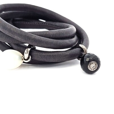 Bracelet en cuir noir Sweet Drops en argent et pierres fines
