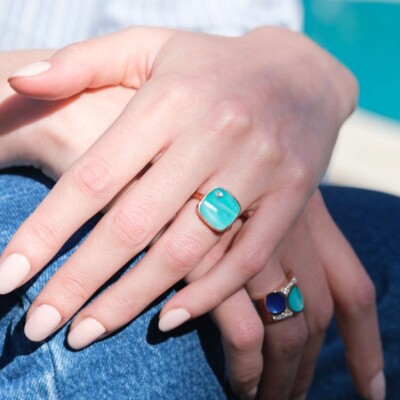 Bague Clozeau en or rose, diamant et résine turquoise lagon