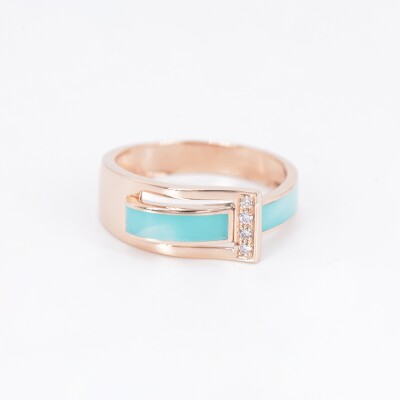 Bague Clozeau DÉFERLANTE en or rose, résine nacrée turquoise lagon et diamants