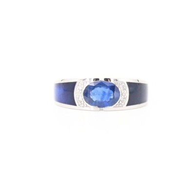 Bague Clozeau Athéna en or blanc, saphir, résine bleu de Prusse et diamants