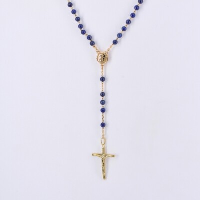 Chapelet Collection Lumière médaille de Lourdes, croix en plaqué or jaune et Lapis-lazuli