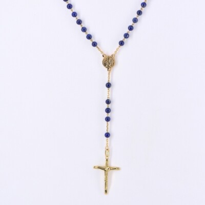 Chapelet Collection Lumière médaille de Lourdes, croix en plaqué or jaune et Lapis-lazuli