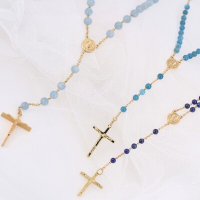 Chapelet Collection Lumière médaille de Lourdes, croix en plaqué or jaune et Apatite