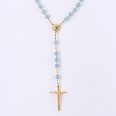 Chapelet Collection Lumière médaille de Lourdes, croix en plaqué or jaune et Aigue-marine