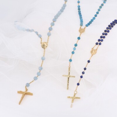 Chapelet Collection Lumière médaille de Lourdes, croix en plaqué or jaune et Aigue-marine