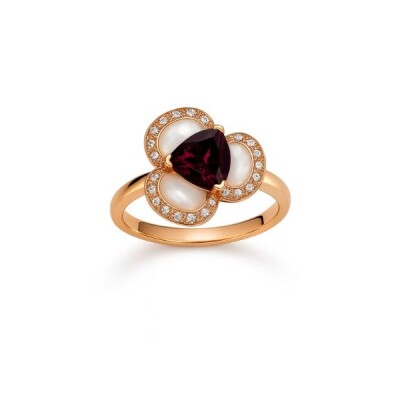Bague or rose, rhodolite, nacre blanche et diamants