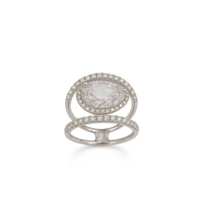 Bague or blanc, quartz rose et diamants