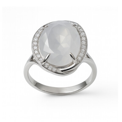 Bague or blanc quartz gris et diamants