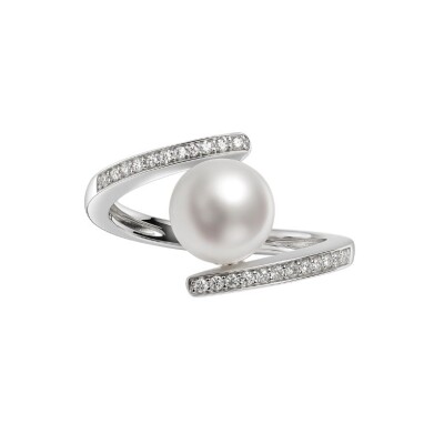 Bague or blanc perle de culture et diamant