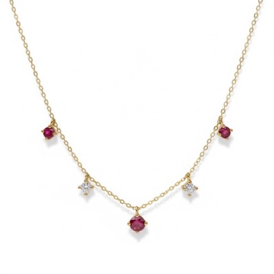 Collier or jaune 18 cts, rubis et diamants
