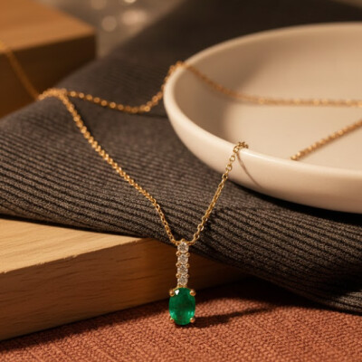 Collier or jaune, Emeraude et diamants