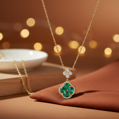 Collier or jaune, émeraude et diamants