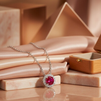 Collier Or blanc 18 cts, Rubis et Diamants