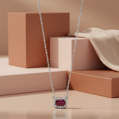 Collier Or blancs 18 cts, Rubis et Diamants