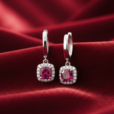Boucles oreilles or blanc 18 cts, rubis et diamants