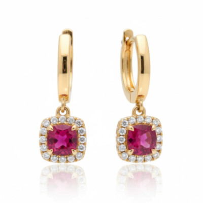 Boucles oreilles or jaune 18 cts, rubis et diamants