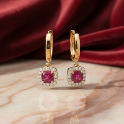 Boucles oreilles or jaune 18 cts, rubis et diamants