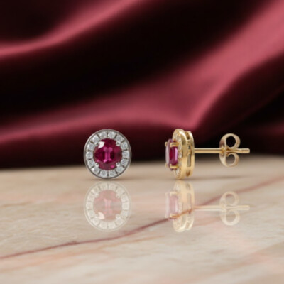 Boucles oreilles or blanc 18 cts, rubis et diamants