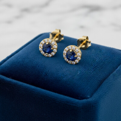 Boucles d'oreilles or jaune, saphir et diamants