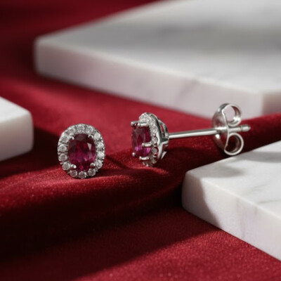 Boucles oreilles or blancs 18 cts, diamants et rubis