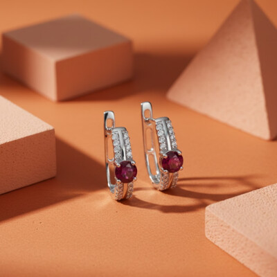 Boucles oreilles or blanc 18 cts, rubis et diamants