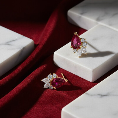 Boucles oreilles or jaune 18 cts, rubis et diamants