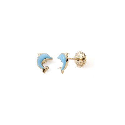 boucles d'oreilles dauphin or jaune 9 ct et email bleu