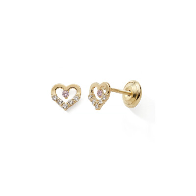 Boucles d'oreilles or jaune 9 cts oxydes de zirconium blanc et rose