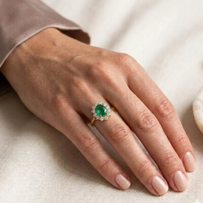 Bague or jaune 18 cts émeraude et diamants
