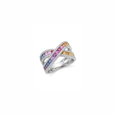 Bague or blanc, saphirs multicolores et diamants