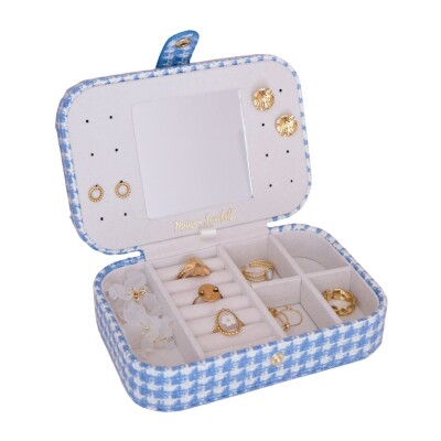 Boîte à bijoux - BRIGITTE - pied-de-poule bleu