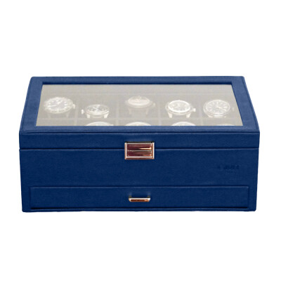 Boîte à bijoux - JEAN - cuir bleu marine 10 emplacements + tiroir