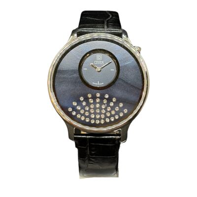 Montre Cover Femme - Cadran Noir & Cristaux - Bracelet Cuir & Verre Saphir