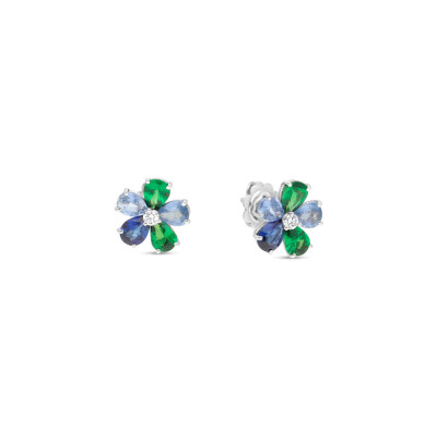 Boucles d'oreilles Raynal fleur en or blanc diamant, saphirs et tsavorites