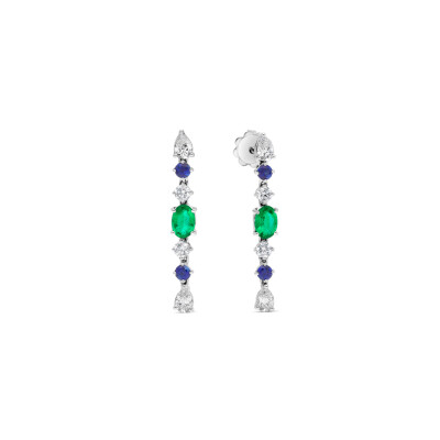 Boucles d'oreilles Raynal en or blanc diamants, saphirs et émeraudes