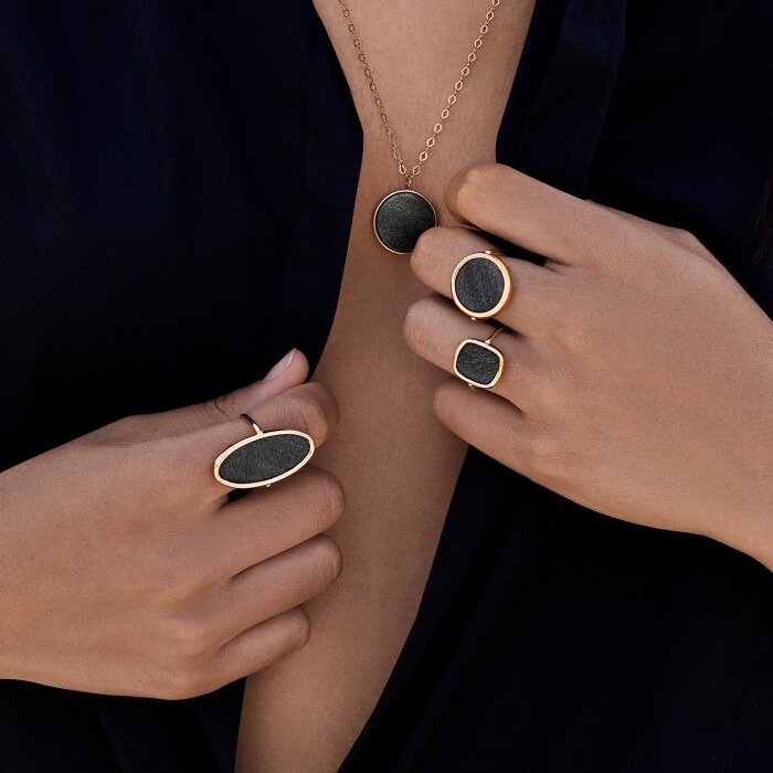 GINETTE NY ELLIPSES & SEQUINS ring, rose gold and obsidian