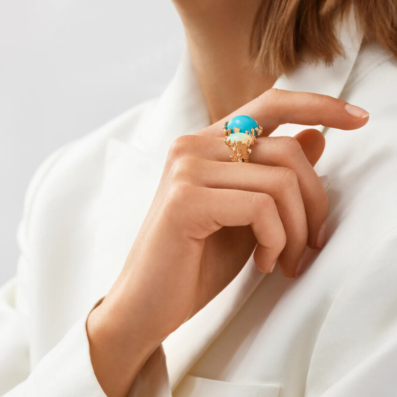 Ole Lynggaard Boho ring, yellow gold, turquoise, opal and diamonds