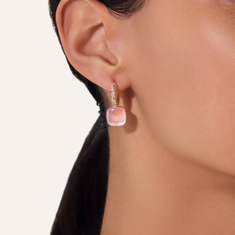 Pomellato Nudo Classic earrings in pink gold, white gold, cognac diamonds, chalcedony and pink quartz