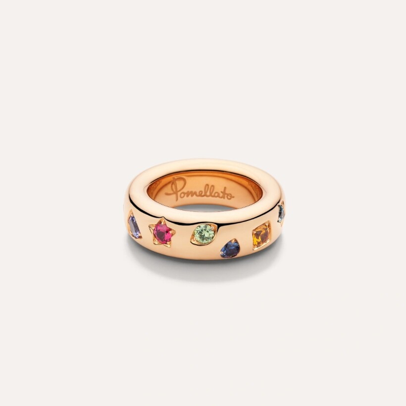 Pomellato Iconica ring, rose gold, orange sapphires, pink tourmaline, peridot, ruby, blue zirconium, demantoid, red spinel, tanzanite and tsavorite