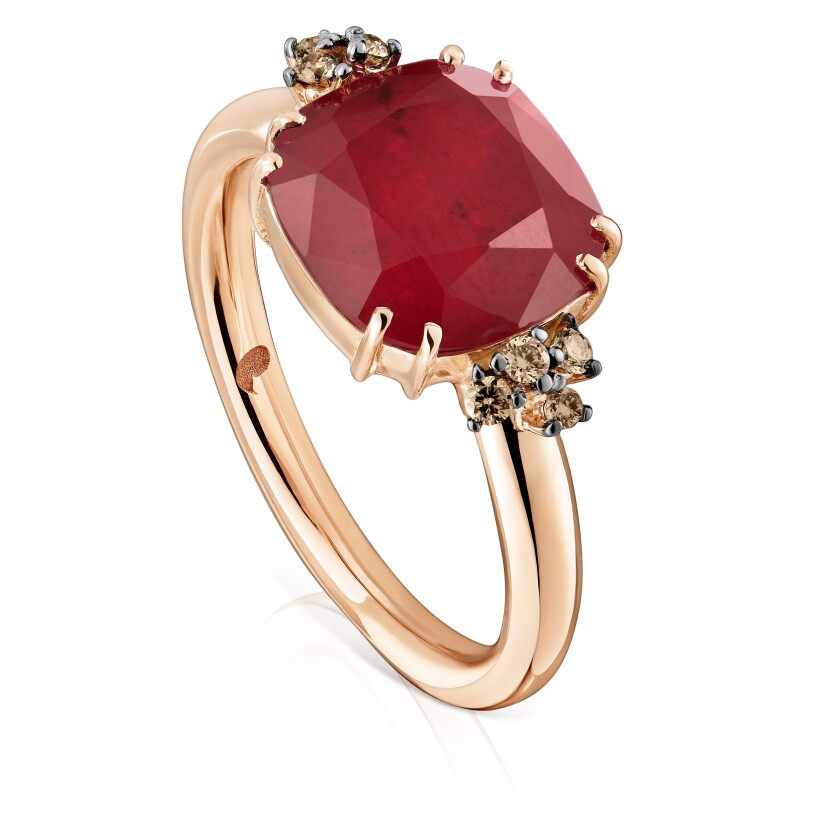 Bonbon ring in pink gold with diamonds, rubies and crystal