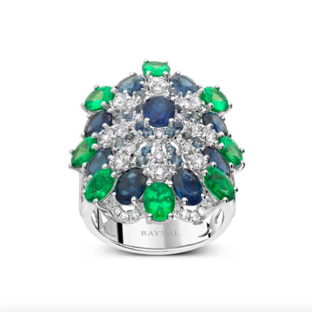 Bague Fleur Raynal en or blanc diamants, saphirs et tsavorites