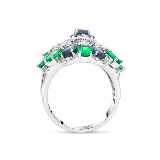 Bague Fleur Raynal en or blanc diamants, saphirs et tsavorites