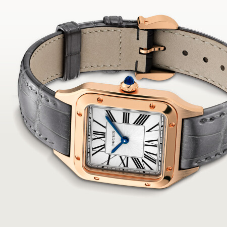 Montre Santos-Dumont Grand modèle, mouvement quartz, or rose, cuir