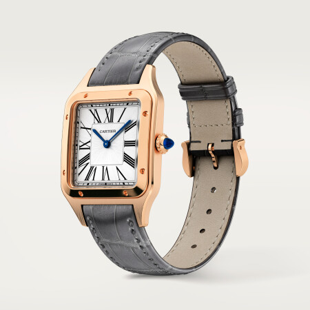 Montre Santos-Dumont Grand modèle, mouvement quartz, or rose, cuir