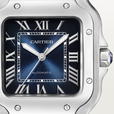 Montre Santos de Cartier, Moyen modèle, mouvement automatique, acier, bracelets métal et cuir interchangeables