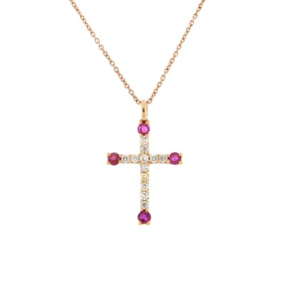 Pendentif Croix Eclat de Foi en or rose diamants rubis