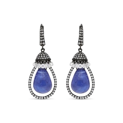 Boucles d'Oreilles "Rosée du Jour" Tanzanites, Or noirci, Diamants